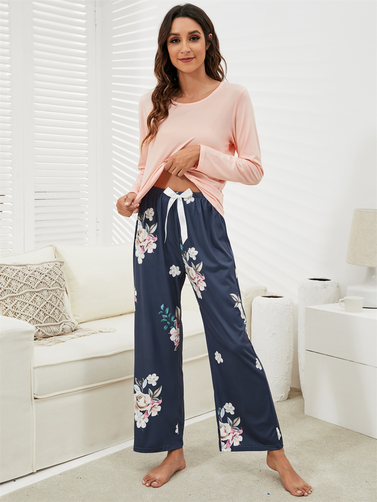 Nuovo pigiama stampato floreale 2 pezzi pigiami donna Casual girocollo manica lunga elastico in vita pigiami da donna retrò set