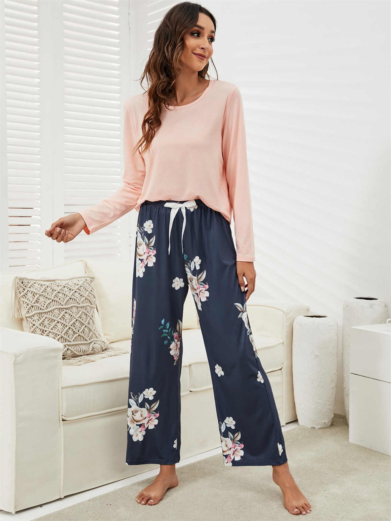 Nuovo pigiama stampato floreale 2 pezzi pigiami donna Casual girocollo manica lunga elastico in vita pigiami da donna retrò set