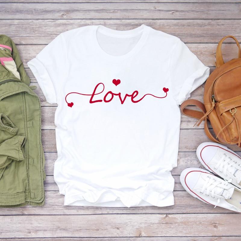 T-shirt bianche da donna motivo a cuore rosso stampato manica corta abiti Casual maglietta oversize top maglietta grafica Vintage y2k