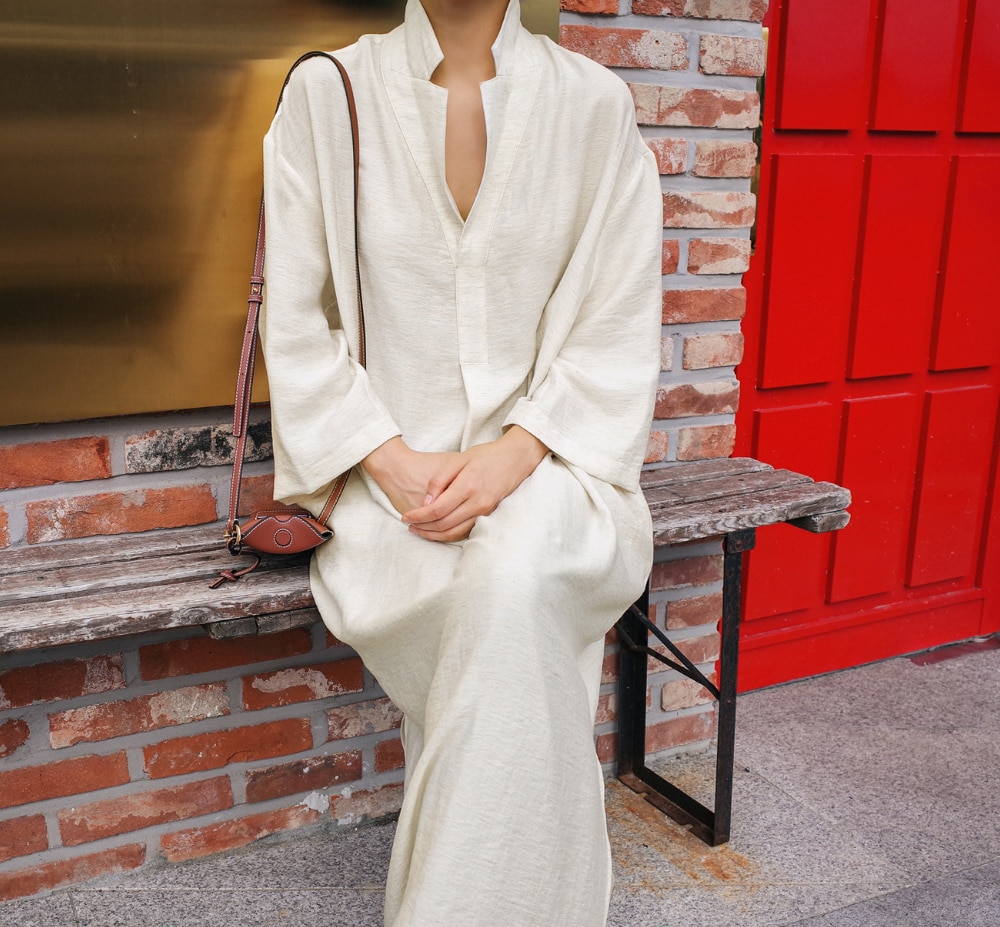 TVVOVVIN nuovo abito Pullover a manica lunga da donna coreano scollo a v allentato abito di lino diviso Casual di grandi dimensioni 0ZTT