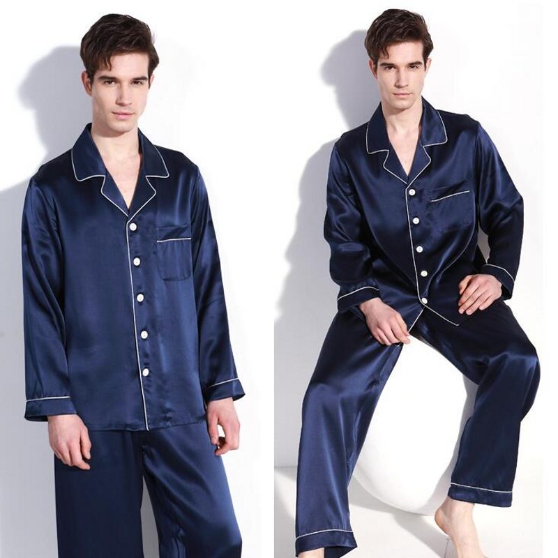 Uomini di buona qualità 100% pura seta 16 momme raso di seta pigiama Set indumenti da notte camicia da notte L XL 2XL YM009