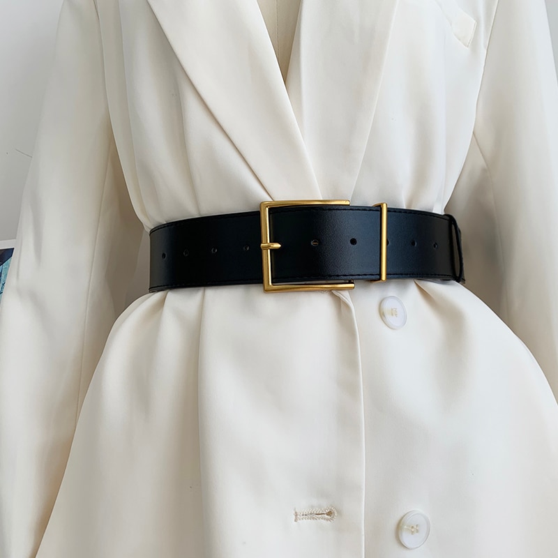 Moda donna nero ampia cintura quadrata fibbia ad ardiglione cinturino in similpelle cappotto decorativo abito abito semplice cintura