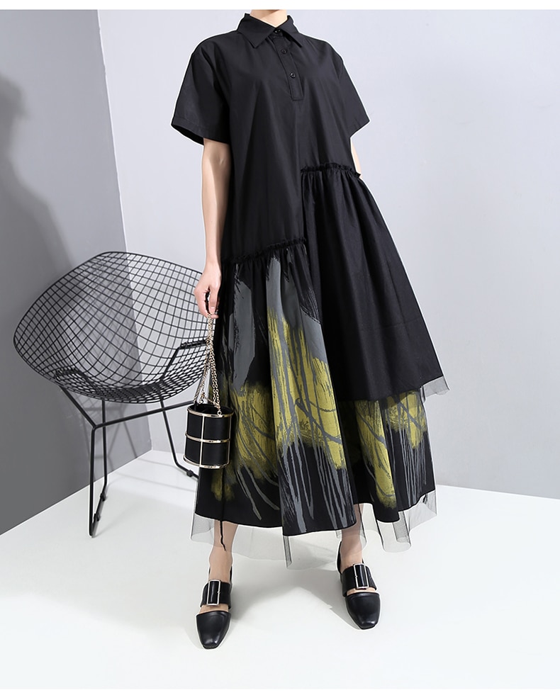 Nuovo 2021 stile dipinto donna estate Designer Vintage nero camicia lunga abito retrò stampa maglia sovrapposizione signora abito Casual Robe 6138