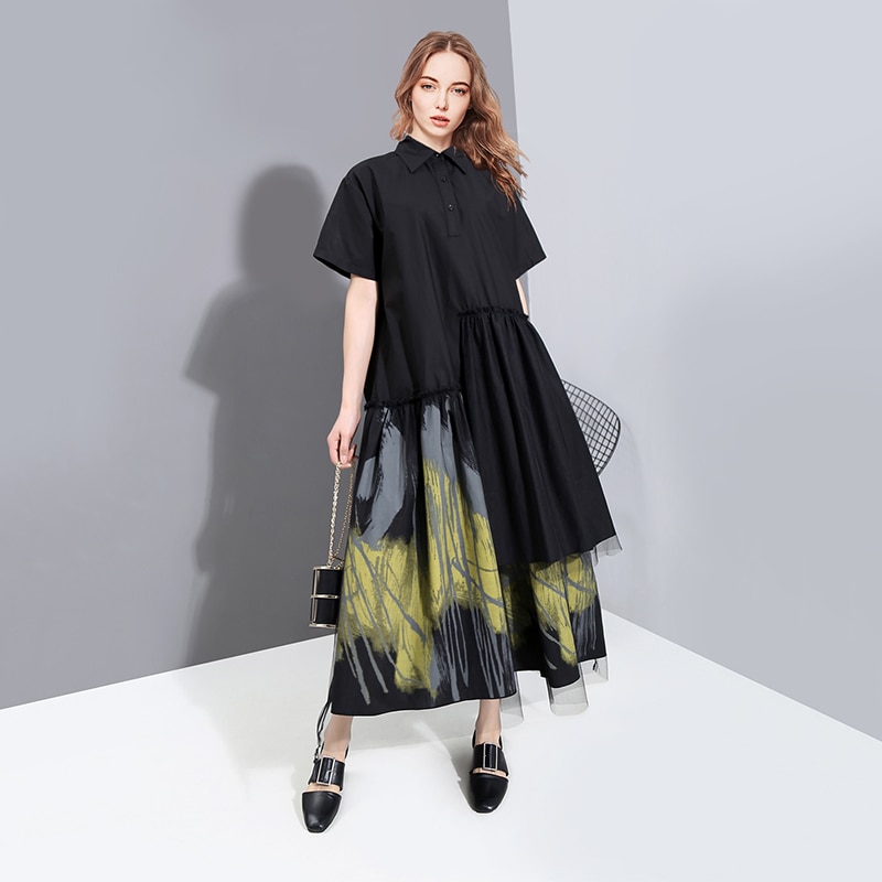 Nuovo 2021 stile dipinto donna estate Designer Vintage nero camicia lunga abito retrò stampa maglia sovrapposizione signora abito Casual Robe 6138