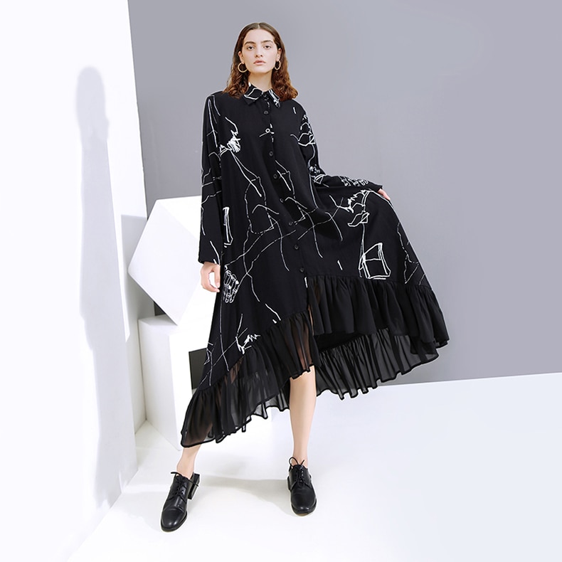 Manica lunga primavera Plus Size camicia Vintage nera strisce abito Chiffon stampato volant stile giapponese vestibilità ampia abito 6505