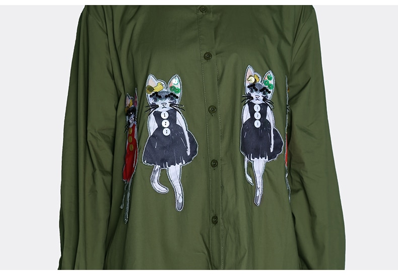 New Plus Size manica lunga donna primavera verde camicia abito Cartoon gatti