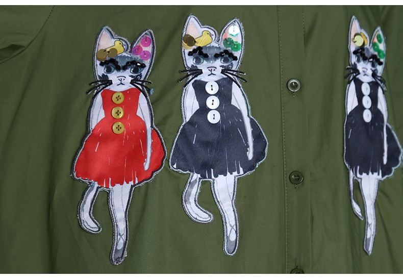 New Plus Size manica lunga donna primavera verde camicia abito Cartoon gatti